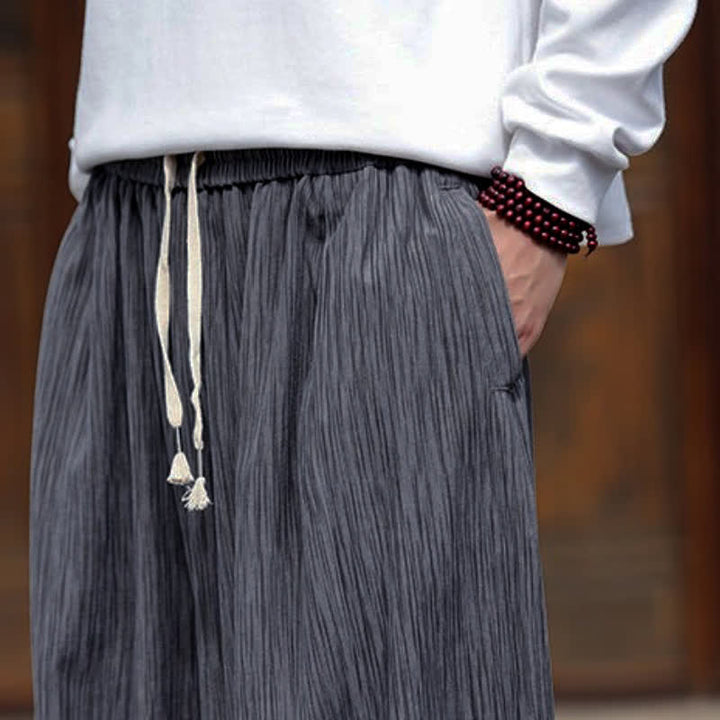 Buddha Stones Spring Casual Minimalist Drawstring Solid Vertical Stripes Cropped Pants Corduroy Men's Harem Pants With Pockets - image 18