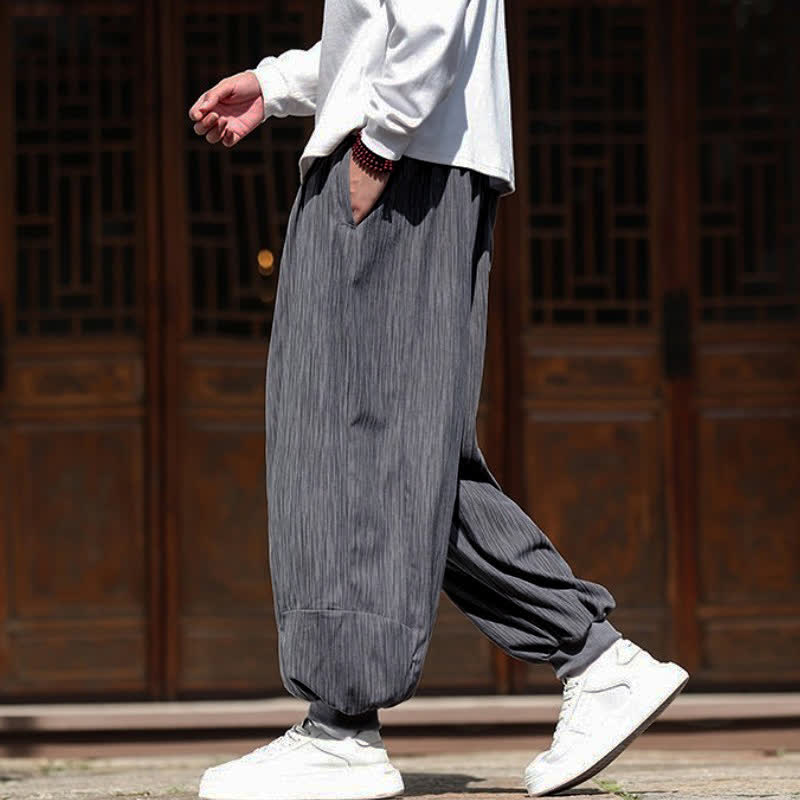 Buddha Stones Spring Casual Minimalist Drawstring Solid Vertical Stripes Cropped Pants Corduroy Men's Harem Pants With Pockets - image 11