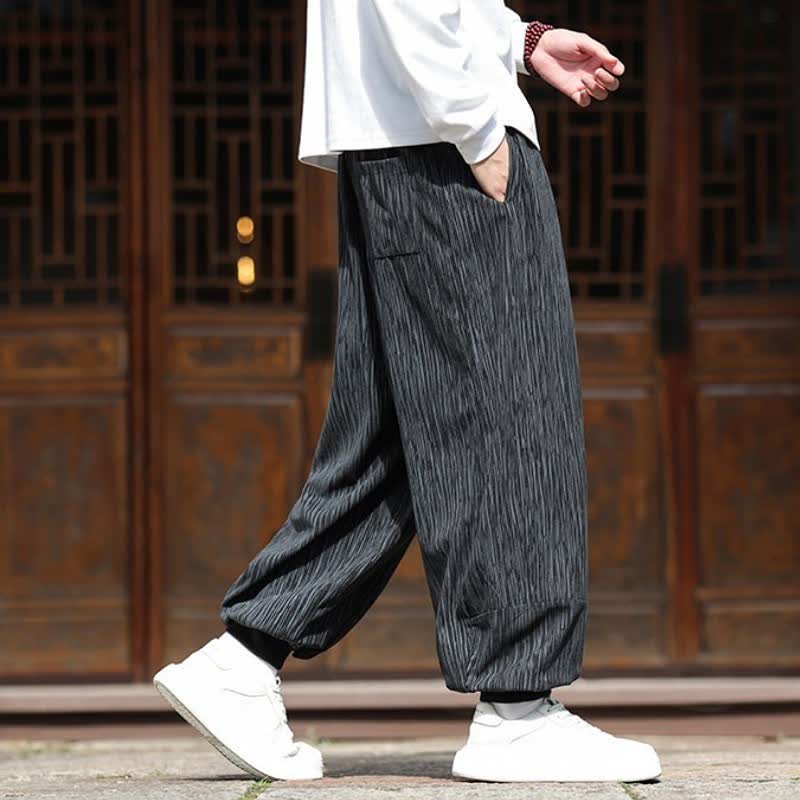 Buddha Stones Spring Casual Minimalist Drawstring Solid Vertical Stripes Cropped Pants Corduroy Men's Harem Pants With Pockets - image 23