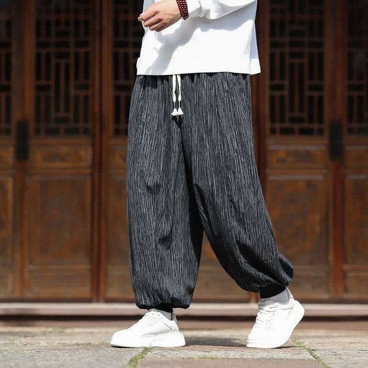 Buddha Stones Spring Casual Minimalist Drawstring Solid Vertical Stripes Cropped Pants Corduroy Men's Harem Pants With Pockets - image 22