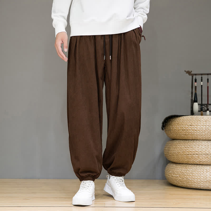 Buddha Stones Fall Winter Casual Drawstring Solid Cropped Pants Corduroy Men's Harem Pants With Pocket - image 5