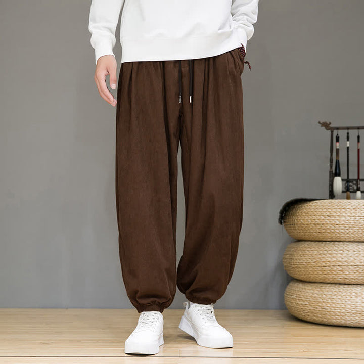 Buddha Stones Fall Winter Casual Drawstring Solid Cropped Pants Corduroy Men's Harem Pants With Pocket - image 5