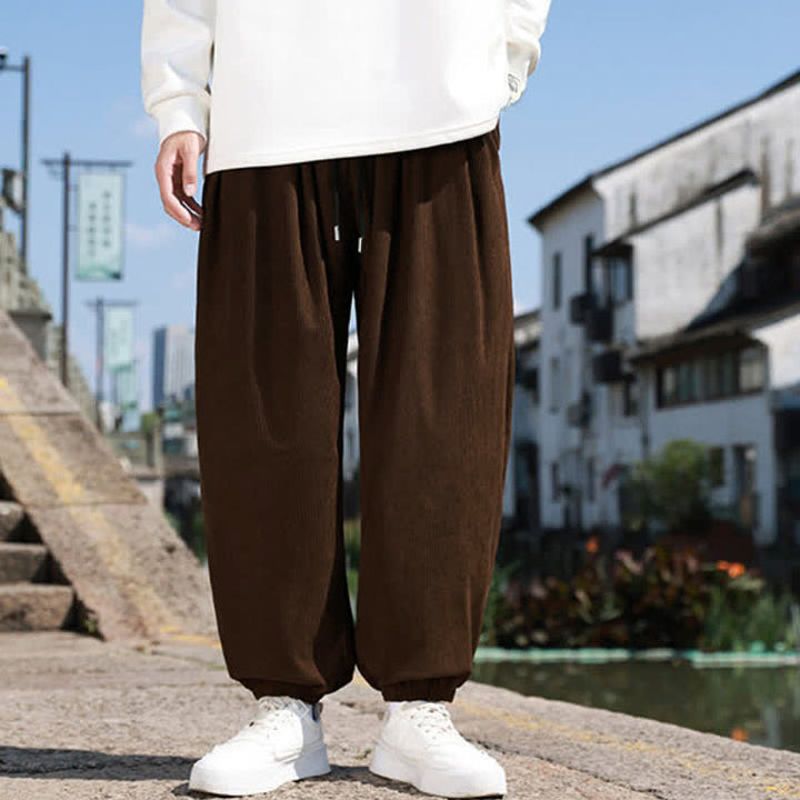 Buddha Stones Fall Winter Casual Drawstring Solid Cropped Pants Corduroy Men's Harem Pants With Pocket - image 1