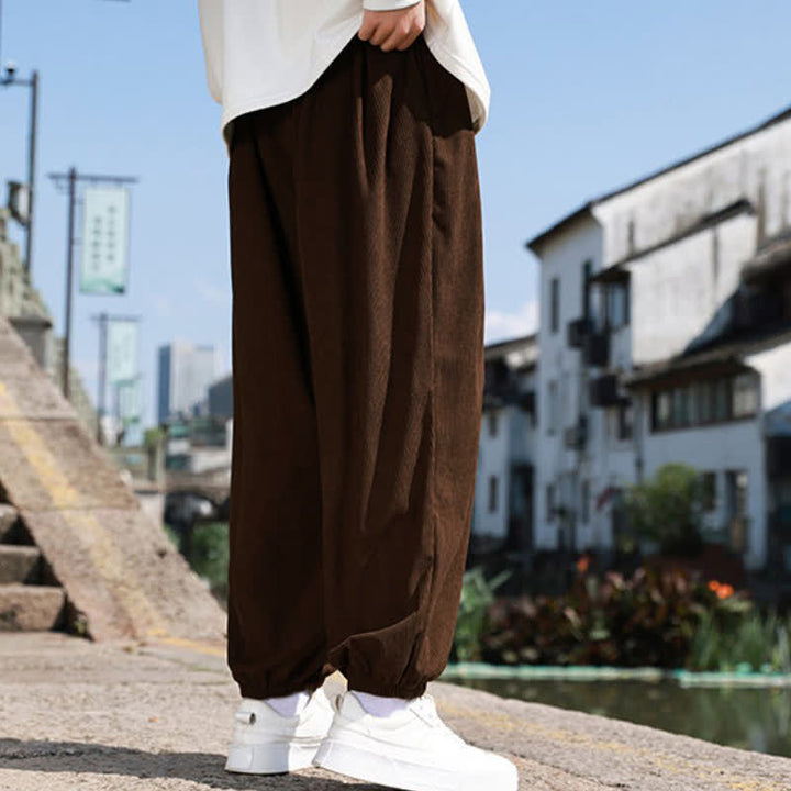 Buddha Stones Fall Winter Casual Drawstring Solid Cropped Pants Corduroy Men's Harem Pants With Pocket - image 3