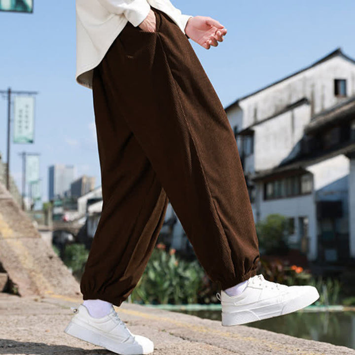 Buddha Stones Fall Winter Casual Drawstring Solid Cropped Pants Corduroy Men's Harem Pants With Pocket - image 8