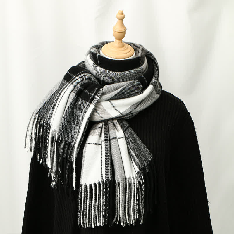 Buddha Stones Fall Winter Classic Plaid Tassel Cozy Men's Scarf - Gray - image 0