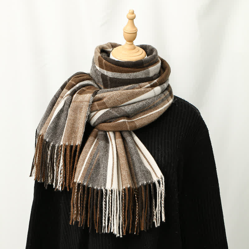 Buddha Stones Fall Winter Classic Plaid Tassel Cozy Men's Scarf - DarkGoldenrod - image 9