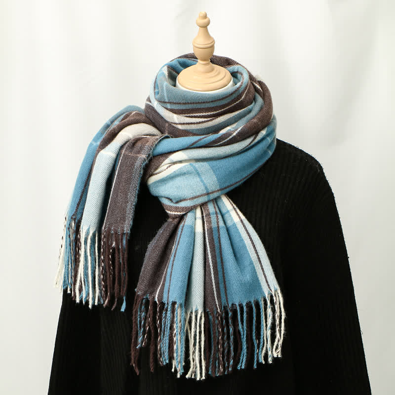 Buddha Stones Fall Winter Classic Plaid Tassel Cozy Men's Scarf - CadetBlue - image 3