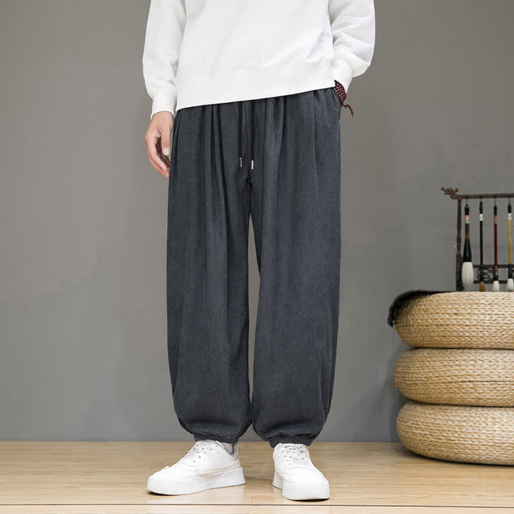 Buddha Stones Fall Winter Casual Drawstring Solid Cropped Pants Corduroy Men's Harem Pants With Pocket - image 11