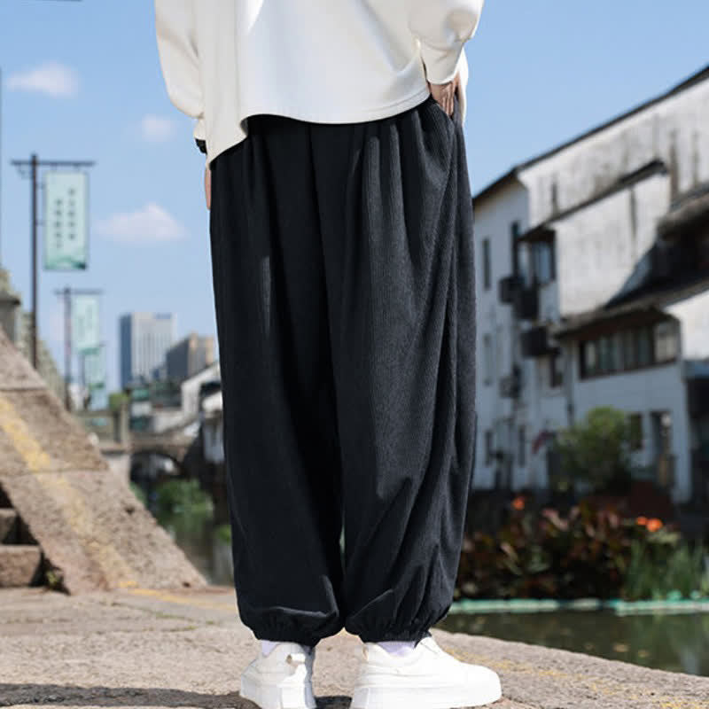 Buddha Stones Fall Winter Casual Drawstring Solid Cropped Pants Corduroy Men's Harem Pants With Pocket - image 14