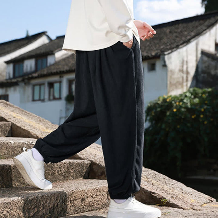 Buddha Stones Fall Winter Casual Drawstring Solid Cropped Pants Corduroy Men's Harem Pants With Pocket - image 17