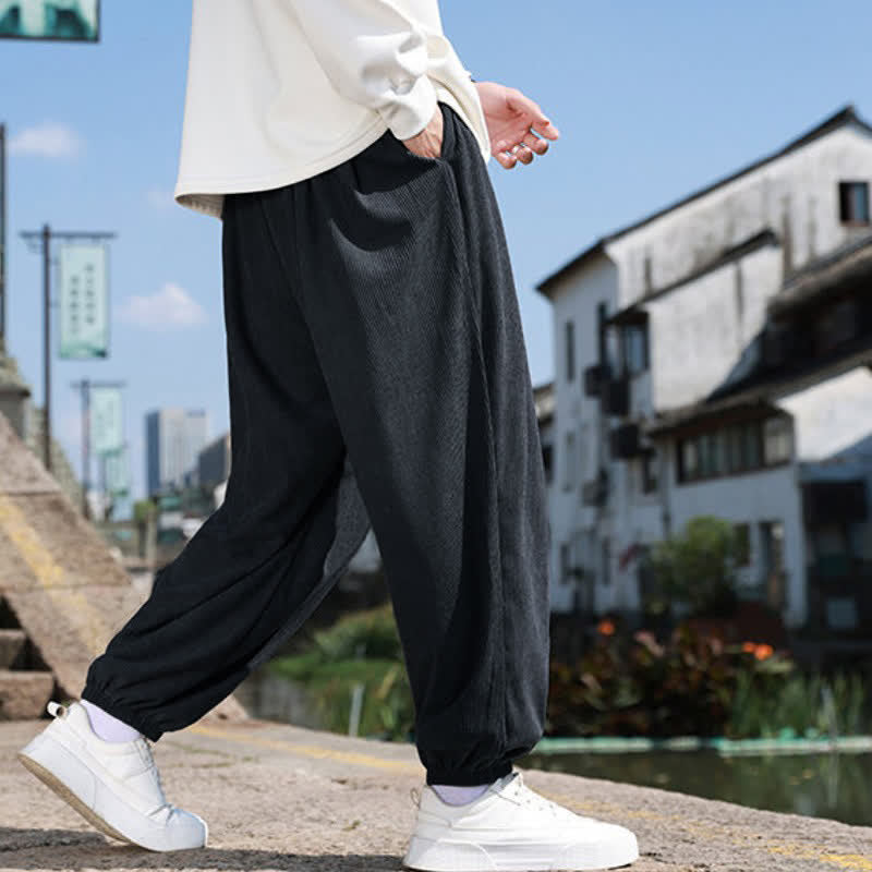 Buddha Stones Fall Winter Casual Drawstring Solid Cropped Pants Corduroy Men's Harem Pants With Pocket - image 15
