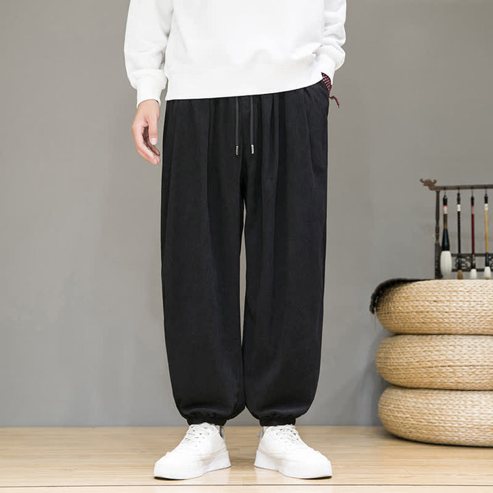 Buddha Stones Fall Winter Casual Drawstring Solid Cropped Pants Corduroy Men's Harem Pants With Pocket - image 24
