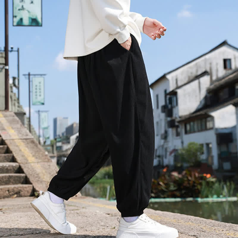 Buddha Stones Fall Winter Casual Drawstring Solid Cropped Pants Corduroy Men's Harem Pants With Pocket - image 22