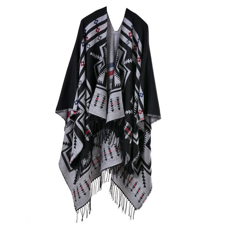 Buddha Stones Fall Winter Geometric Diamond Tassel Bohemian Women's Shawl - Black - image 0