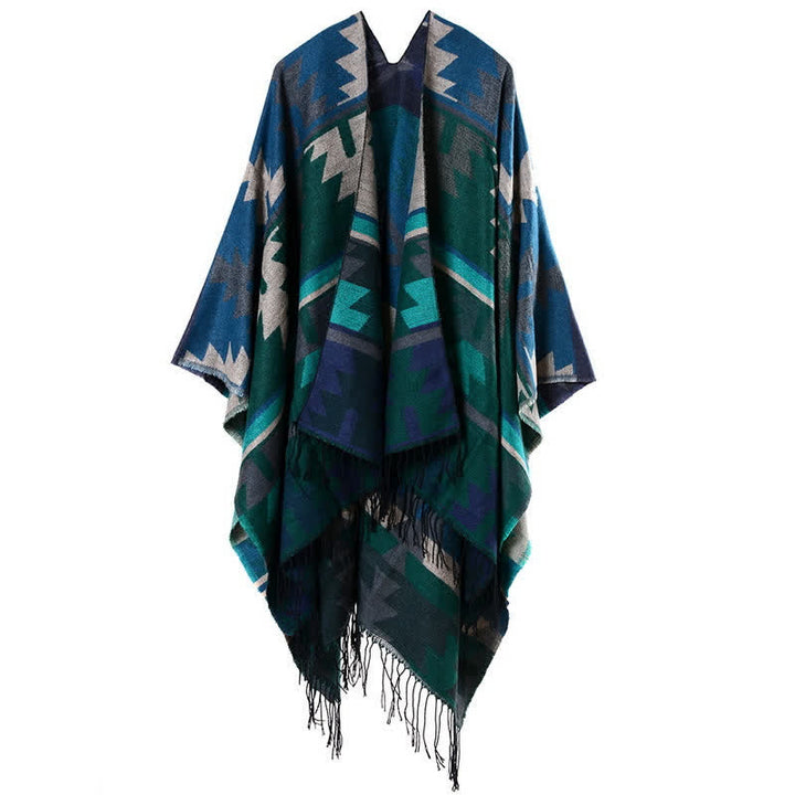 Buddha Stones Fall Winter Geometric Diamond Tassel Bohemian Women's Shawl - DarkCyan - image 23