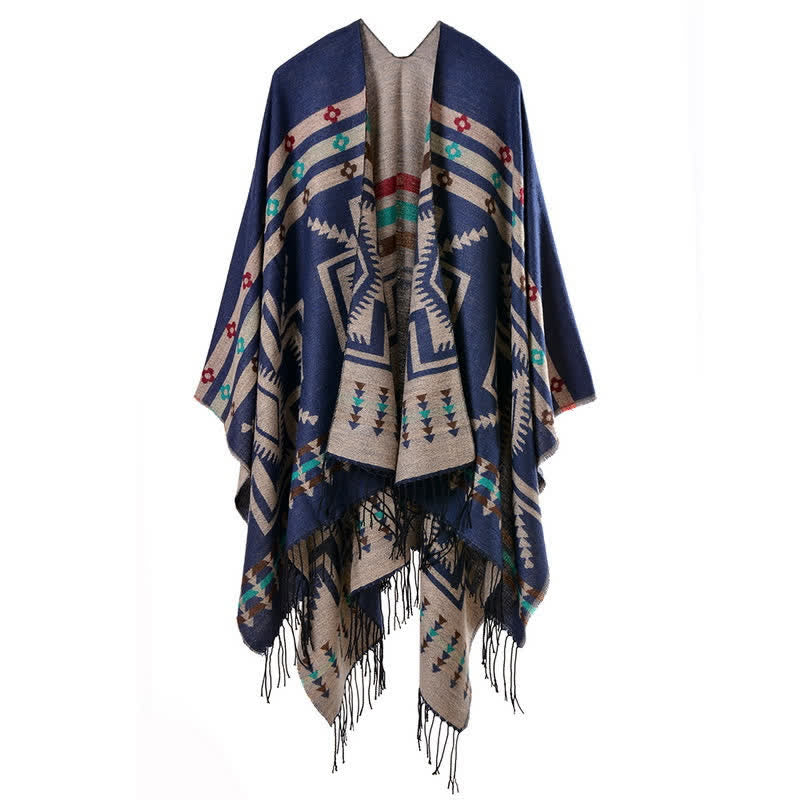 Buddha Stones Fall Winter Geometric Diamond Tassel Bohemian Women's Shawl - Navy - image 15