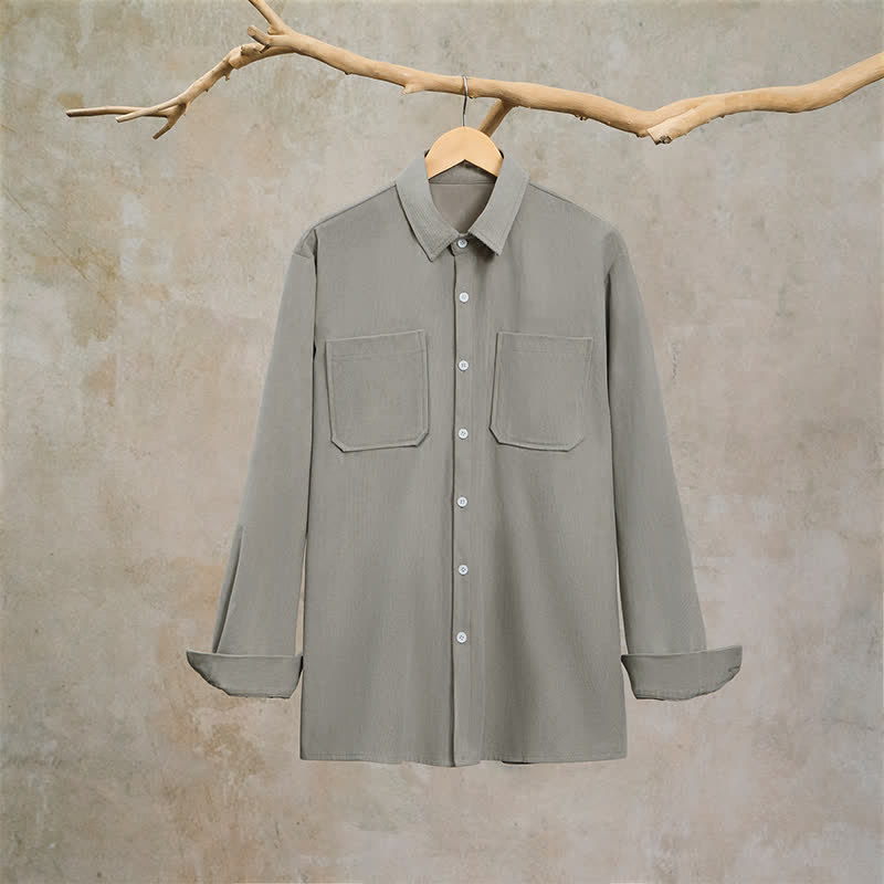 Buddha Stones Fall Casual Solid Corduroy Men's Long Sleeve Shirts With Patch Pockets - image 10