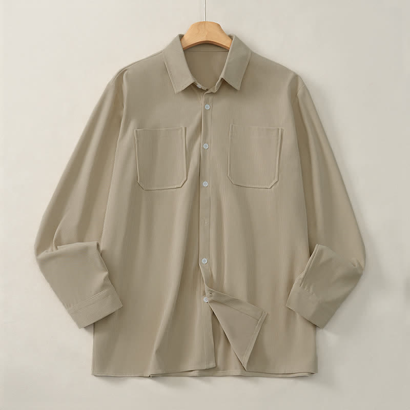 Buddha Stones Fall Casual Solid Corduroy Men's Long Sleeve Shirts With Patch Pockets - image 2