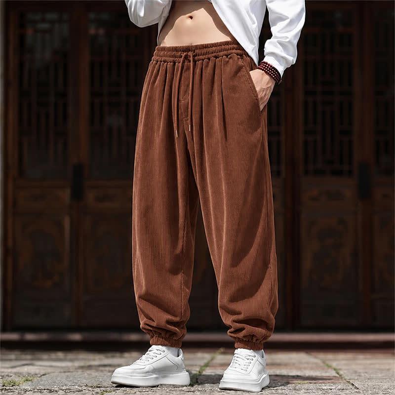 Buddha Stones Fall Winter Casual Vintage Drawstring Solid Ankle Pants Corduroy Men's Tapered Pants With Pockets - Sienna - US/UK/AU46, EU56 (5XL) - image 0