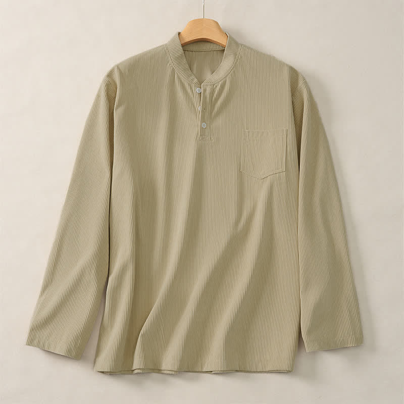 Buddha Stones Fall Winter Casual Tang Style Mandarin Collar Solid Corduroy Men's Long Sleeve Shirts With Patch Pocket - image 1