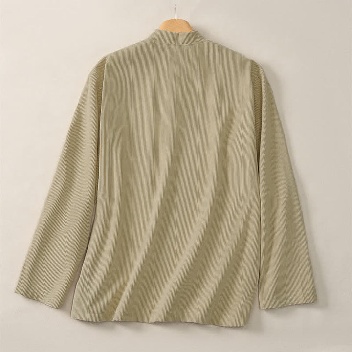 Buddha Stones Fall Winter Casual Tang Style Mandarin Collar Solid Corduroy Men's Long Sleeve Shirts With Patch Pocket - image 2