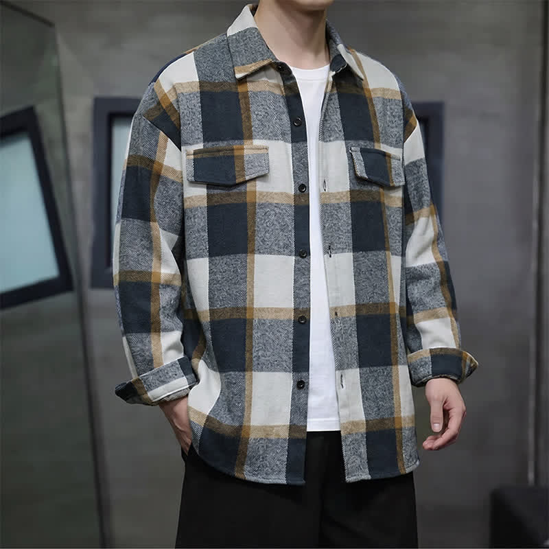 Buddha Stones Spring Fall Casual Vintage Button-Up Plaid Men's Long Sleeve Shirts - MidnightBlue - US/UK/AU42, EU52 (3XL) - image 10
