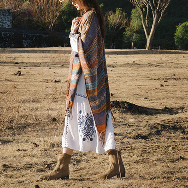 Buddha Stones Fall Winter Boho Geometric Stripes Tassel Cozy Women's Shawl - image 8
