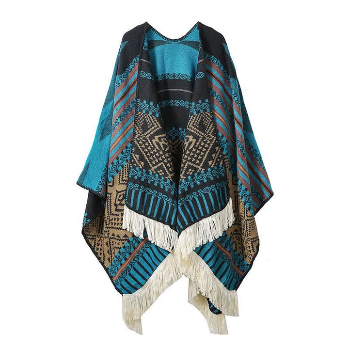 Buddha Stones Fall Winter Ethnic Geometric Fringe Tibet Women's Shawl - DeepSkyBlue - image 2