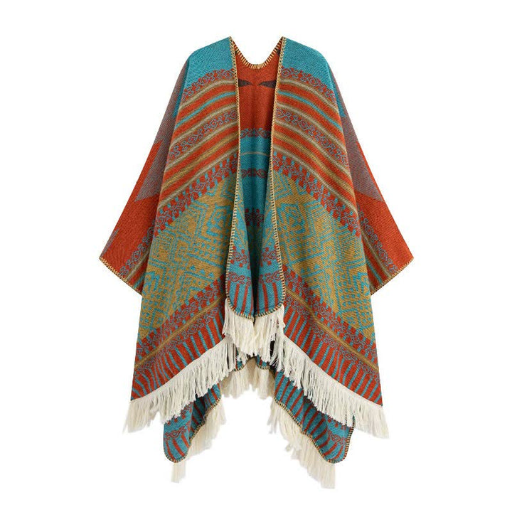 Buddha Stones Fall Winter Ethnic Geometric Fringe Tibet Women's Shawl - OrangeRed - image 0