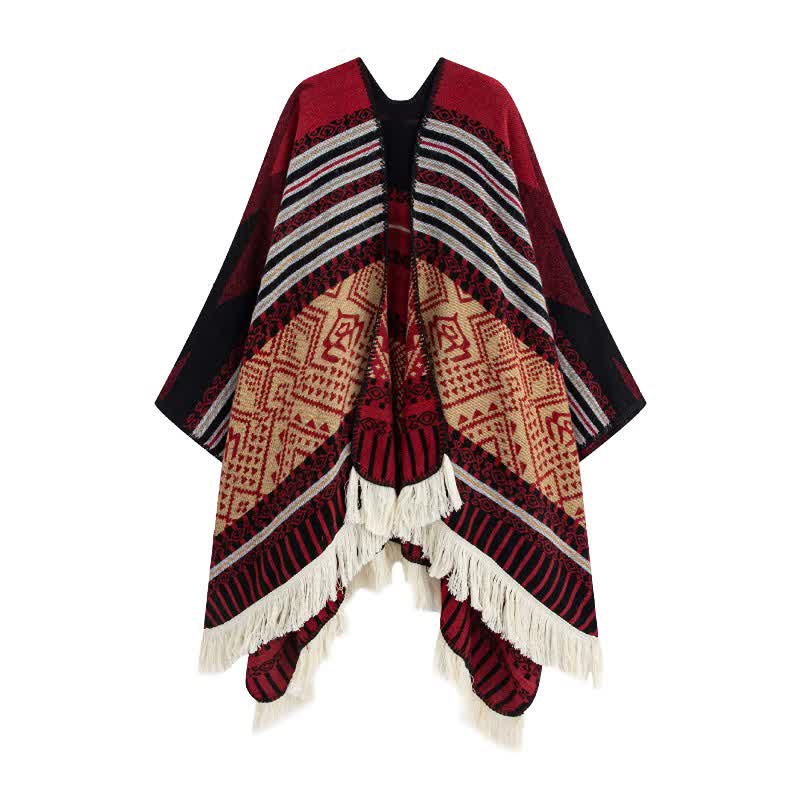 Buddha Stones Fall Winter Ethnic Geometric Fringe Tibet Women's Shawl - Maroon - image 1
