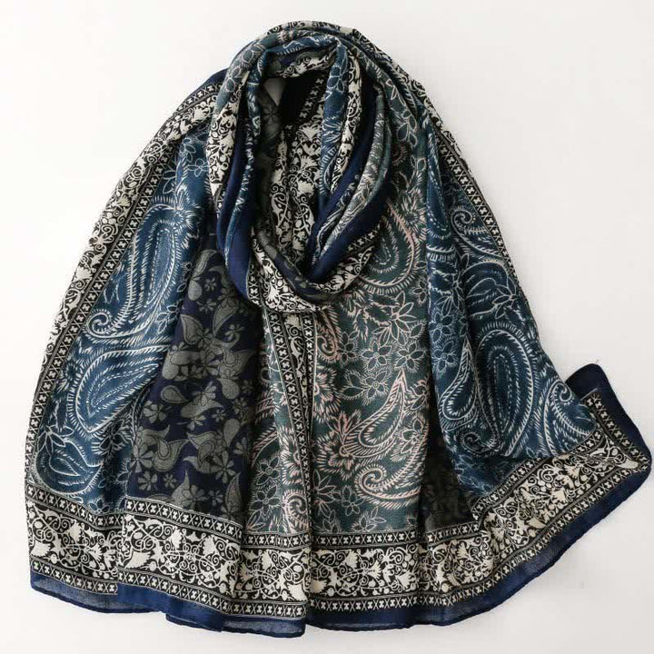 Buddha Stones Fall Winter Paisley Floral Border Print Soft Women's Scarf - Navy - image 0