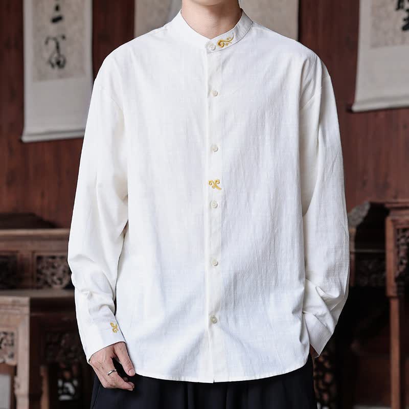 Buddha Stones Spring Summer Tang Style Minimalist Mandarin Collar Embroidery Solid Men's Long Sleeve Shirts - White - US/UK/AU46，EU56 (5XL) - image 0