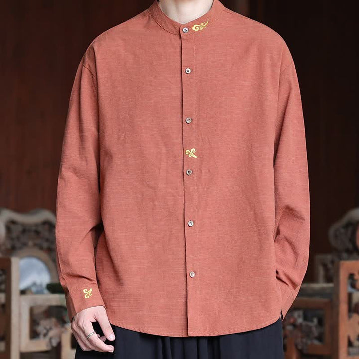 Buddha Stones Spring Summer Tang Style Minimalist Mandarin Collar Embroidery Solid Men's Long Sleeve Shirts - IndianRed - US/UK/AU46，EU56 (5XL) - image 5