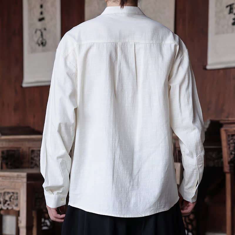 Buddha Stones Spring Summer Tang Style Minimalist Mandarin Collar Embroidery Solid Men's Long Sleeve Shirts - image 2