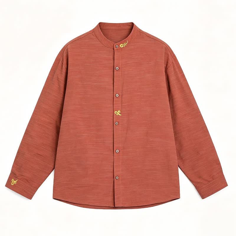 Buddha Stones Spring Summer Tang Style Minimalist Mandarin Collar Embroidery Solid Men's Long Sleeve Shirts - image 9