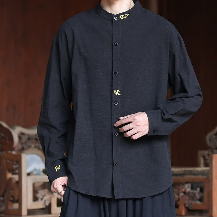 Buddha Stones Spring Summer Tang Style Minimalist Mandarin Collar Embroidery Solid Men's Long Sleeve Shirts - image 13