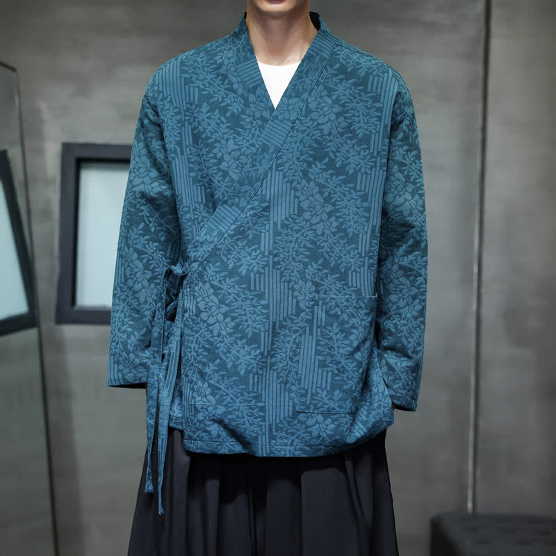Buddha Stones Fall Winter Tang Style Casual Drawstring Floral Men's Kimonos - SteelBlue - US/UK/AU48，EU58 (4XL) - image 0
