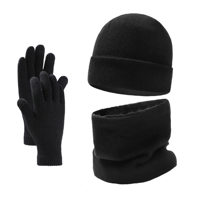 Buddha Stones 3Pcs Fall Winter Ribbed Knit Neck Warmer Men's Scarf Hat Gloves - Black - image 1
