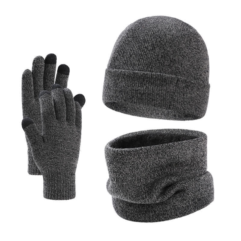 Buddha Stones 3Pcs Fall Winter Ribbed Knit Neck Warmer Men's Scarf Hat Gloves - Gray - image 0