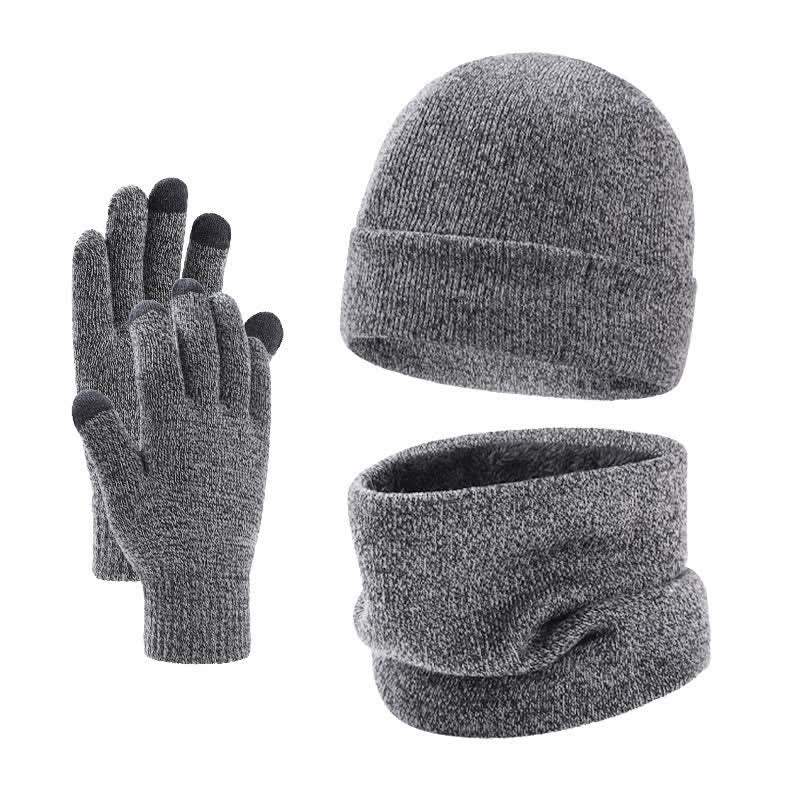 Buddha Stones 3Pcs Fall Winter Ribbed Knit Neck Warmer Men's Scarf Hat Gloves - LightGrey - image 11
