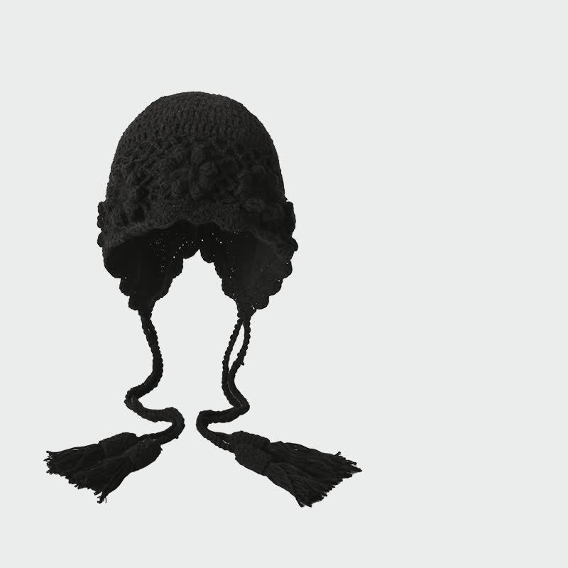 Buddha Stones Fall Winter Knit Floral Tassel Earflap Women's Hat - Black - One Size (56-60cm) - image 7
