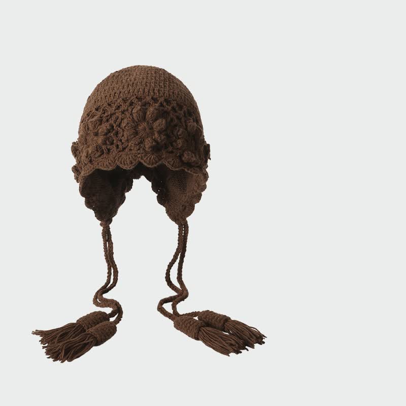 Buddha Stones Fall Winter Knit Floral Tassel Earflap Women's Hat - Brown - One Size (56-60cm) - image 8