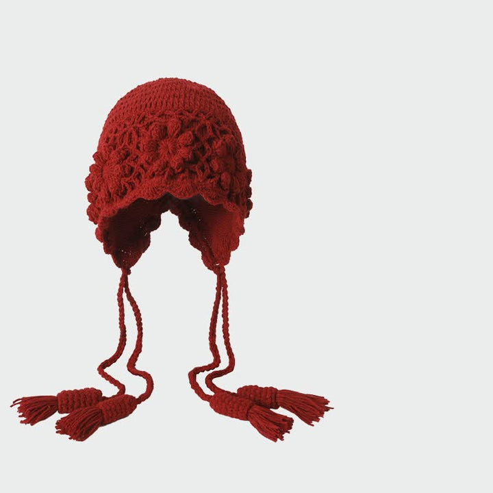 Buddha Stones Fall Winter Knit Floral Tassel Earflap Women's Hat - DarkRed - One Size (56-60cm) - image 0