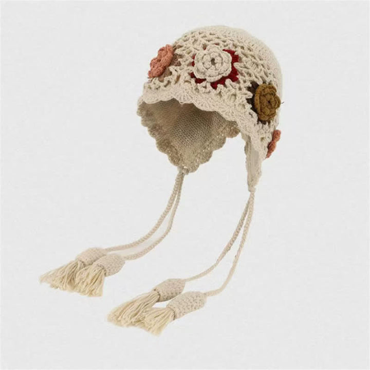 Buddha Stones Fall Winter Floral Tassel Earflap Crochet Women's Hat - Beige - One Size(54-62cm) - image 1