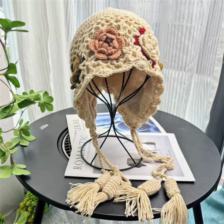 Buddha Stones Fall Winter Floral Tassel Earflap Crochet Women's Hat - image 2