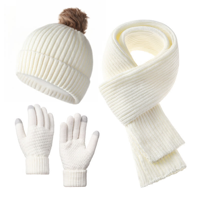 Buddha Stones 3Pcs Fall Winter Ribbed Knit Cozy Women's Scarf Gloves Hat - White - image 9