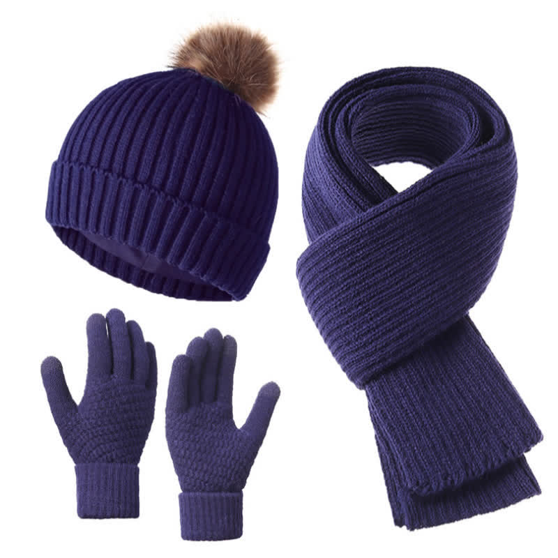 Buddha Stones 3Pcs Fall Winter Ribbed Knit Cozy Women's Scarf Gloves Hat - MidnightBlue - image 6
