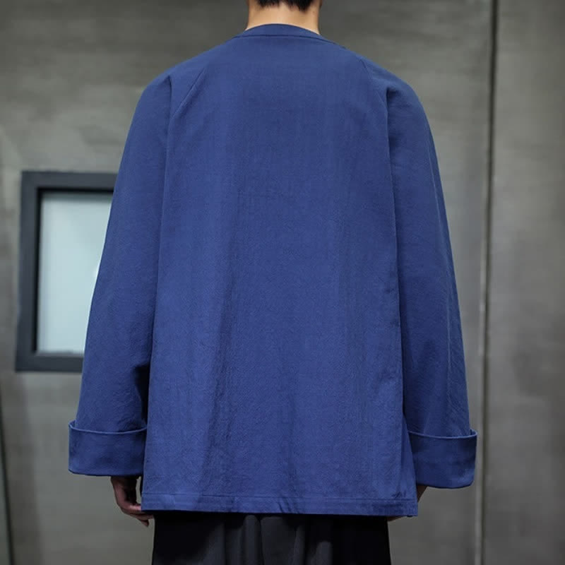 Buddha Stones Fall Tang Style Minimalist Lace-up Solid Men's Long Sleeve Shirts - image 4