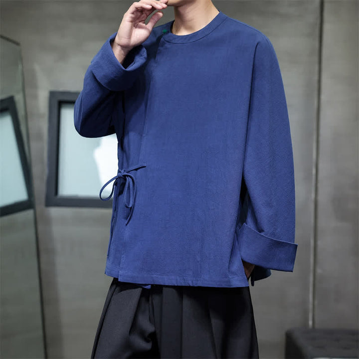 Buddha Stones Fall Tang Style Minimalist Lace-up Solid Men's Long Sleeve Shirts - image 3